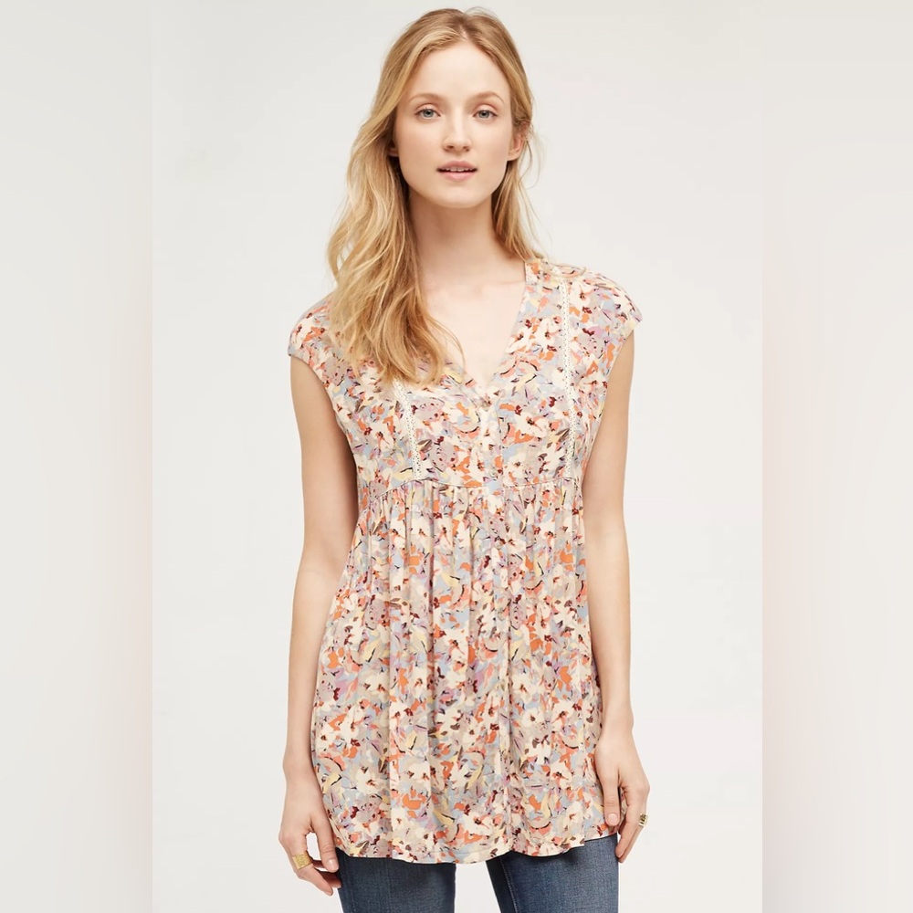 Anthropologie Vanessa Virginia Ladder Lace Tunic‎ Floral Print Women's Top